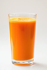 A refreshing glass of carrot juice, glistening with vitality against a pristine white backdrop