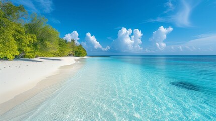 A serene beach with white sand, crystal clear water, and a peaceful, cloudless sky