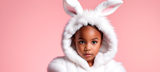 Cute little African American girl in a fluffy Easter bunny outfit against pink background with copy space.