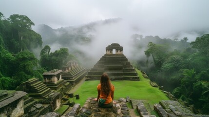 A solo traveler gazing at the ancient ruins , surrounded by misty mountains and lush greenery.