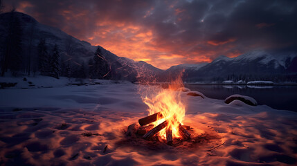 warm big bonfire in winter, landscape scenery
