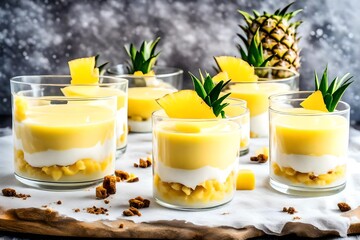 Pineapple curd dessert in glasses on white background