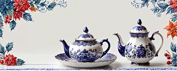 Teapot and floral decoration.