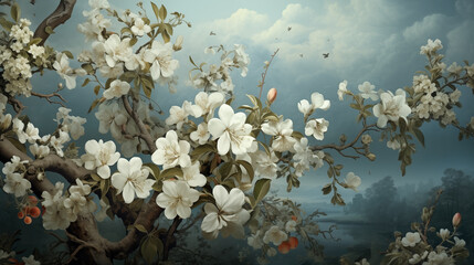 realistic beautiful asian inspired white flowers, wallpaper design