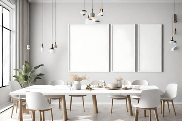 Naklejka na ściany i meble Mock up poster frame in white scandinavian dining room, interior background, 3D render