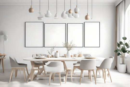 Mock up poster frame in white scandinavian dining room, interior background, 3D render