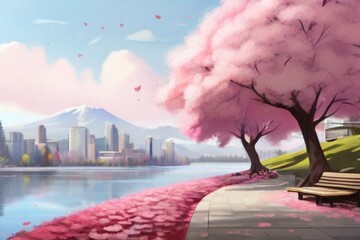 cherry blossom tree in city along a lake 