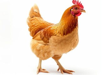 A vibrant, detailed close-up of a brown chicken isolated on a white background.