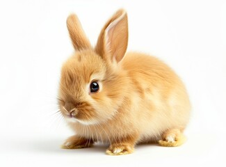 Close-up of a cute brown rabbit with large ears and bright eyes on a white background.