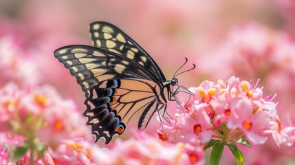 Obraz premium a swallowtail butterfly, large and colorful, is perched delicately on a pale pink flower.
