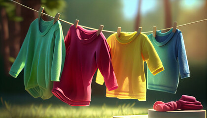 After being washed, childrens colorful clothing dries on a clothesline in the yard outside in the sunlight. protection against colored cloth fading. Ai generated Image