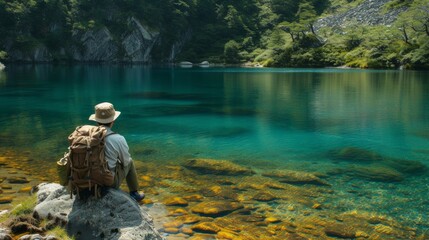 A serene lakeside moment, as a solo backpacker gazes into the clear water, lost in thought