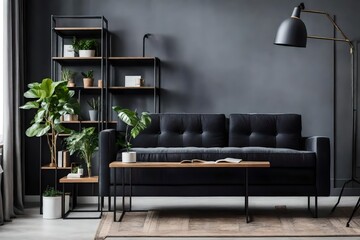 Black industrial bookcase and a plant stand next to an upholstered sofa in a gray living room interior with place for a coffee table. Real photo