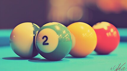 Close up top side view of colorful billiard balls arranged on a table for a game room