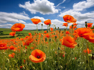 An idyllic countryside scene showcasing a breathtaking field of vibrant red poppies in full bloom.