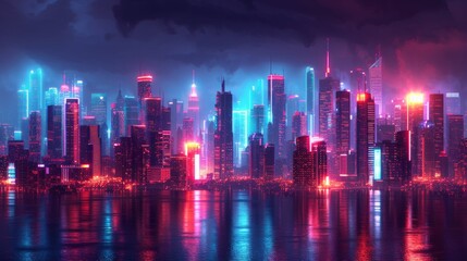 Fototapeta na wymiar A neon cityscape, with vibrant skyscrapers illuminating the night in a futuristic metropolis