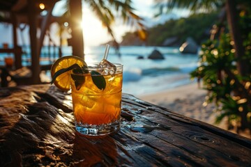a cooling, alluring looking cocktail (drink) stands under a palm tree on the ocean shore on the concept: vacation drinks, tourism drinking on the beach