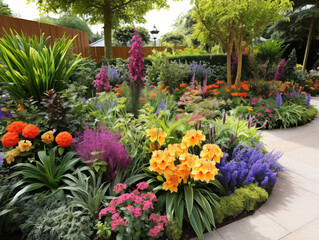 Fototapeta premium A colorful garden filled with blooming flowers and lush greenery, bursting with vibrant life.