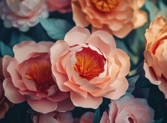 A bright bouquet of multi-colored roses on a soft dreamy background. Flowers are made of paper.