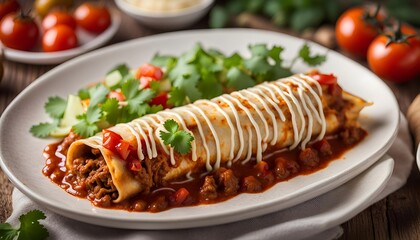 Enchilada with beef with tomato sauce on wooden table, mexican kitchen 