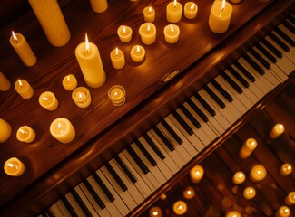 An overhead view of a piano with lit candles, creating a warm, serene atmosphere. Romantic...