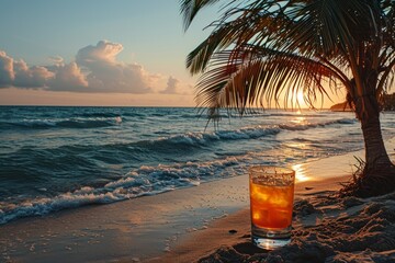 a cooling, alluring cocktail stands under a palm tree on the ocean shore against the backdrop of sunset concept: vacation drinks, tourism drinking on the beach