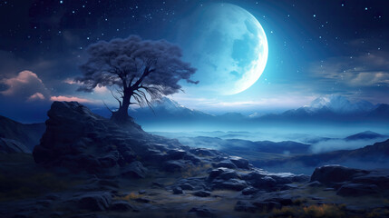 Fototapeta na wymiar shining blue moon in front of a fantasy island tree