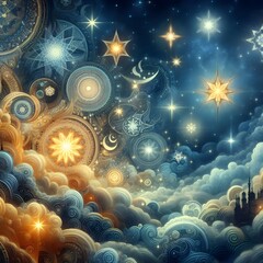 A dreamscape fantasy where the night sky is filled with beautiful stars, each representing a unique aspect of Ramadan traditions and cultural symbolism