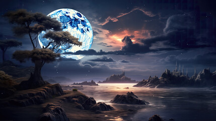 beautiful majestic fantasy tree at a lake, big blue moon