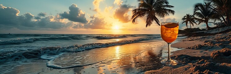 a cooling, alluring cocktail stands under a palm tree on the ocean shore against the backdrop of sunset concept: vacation drinks, tourism drinking on the beach