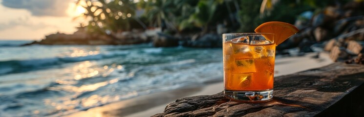 a cooling, alluring looking cocktail (drink) stands under a palm tree on the ocean shore on the concept: vacation drinks, tourism drinking on the beach