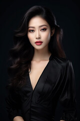 Naklejka premium A young beautiful girl wearing a black dress with long hair, cute, innocent, and attractive looks, beautiful model girl, generative ai.