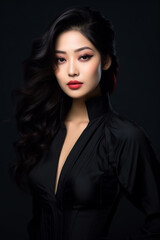 Naklejka premium A young beautiful girl wearing a black dress with long hair, cute, innocent, and attractive looks, beautiful model girl, generative ai.