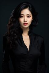 Naklejka premium A young beautiful girl wearing a black dress with long hair, cute, innocent, and attractive looks, beautiful model girl, generative ai.