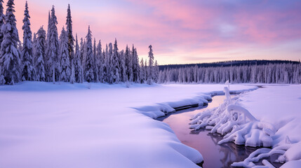 small river flowing next to a forest in winter