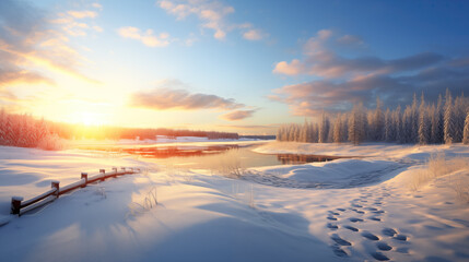 sunset scenery in winter with a road, footsteps