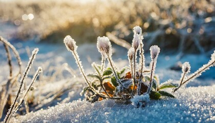 snow covered grass, Winter season outdoors landscape, frozen plants in nature on the ground covered with ice and snow, under the morning sun - Seasonal background for Christmas wishes and greeting 