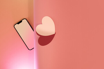 Smartphone screen. Heart-shaped paper cutouts. Valentine's Day template.
