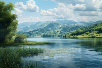 Fototapeta na wymiar landscape with lake moorage and hills