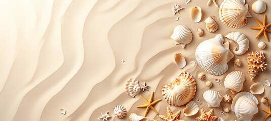 Aerial view of sandy beach with seashells and starfish, natural background for summer travel design - obrazy, fototapety, plakaty