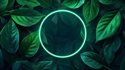 empty glowing green neon circle - frame on the background of green leaves