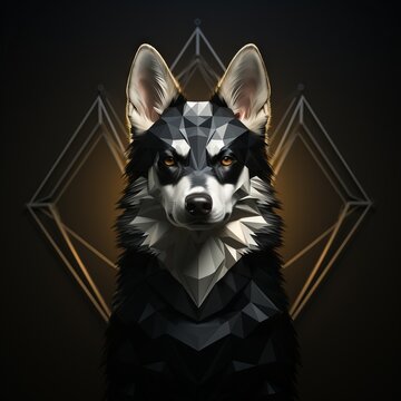 Artistic portrait of a dog with geometric patterns on a dark background.. Concept: Pets, animal portraits, traveling with animals, human-dog friendship.