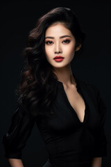 Naklejka premium A young beautiful girl wearing a black dress with long hair, cute, innocent, and attractive looks, beautiful model girl, generative ai.