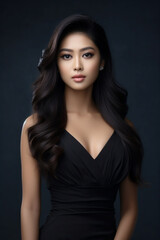 Naklejka premium A young beautiful girl wearing a black dress with long hair, cute, innocent, and attractive looks, beautiful model girl, generative ai.