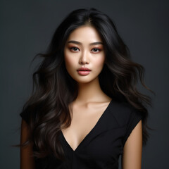 Fototapeta premium A young beautiful girl wearing a black dress with long hair, cute, innocent, and attractive looks, beautiful model girl, generative ai.