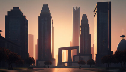 City square and skyline with modern buildings in Chongqing at sunrise minimalist background, Ai generated image