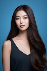 Naklejka premium A young beautiful girl wearing a black dress with long hair, cute, innocent, and attractive looks, beautiful model girl, generative ai.