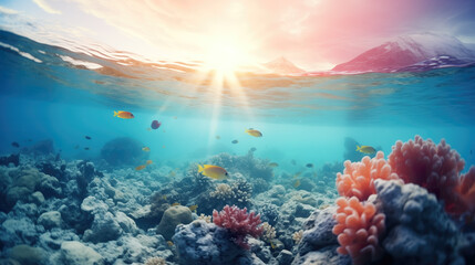 a beautiful half water half sky sunshine wallpaper with corals in the ocean