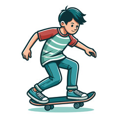 Obraz premium happy cute little kid boy playing skateboard vector illustration, boy skater design template isolated on white background