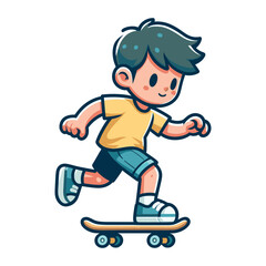 happy cute little kid boy playing skateboard vector illustration, boy skater design template isolated on white background